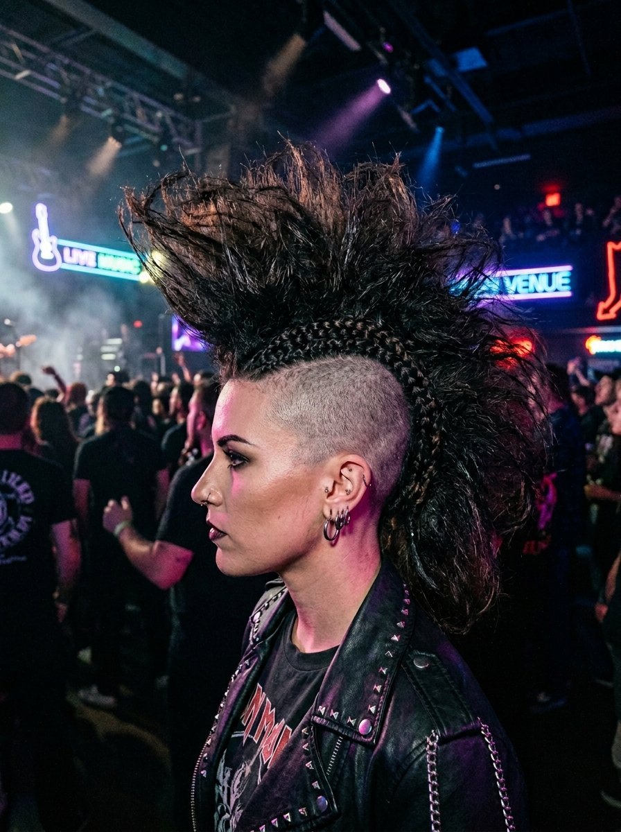 Profile view of a person with a tall mohawk hairstyle standing in a crowded concert hall with neon signs.