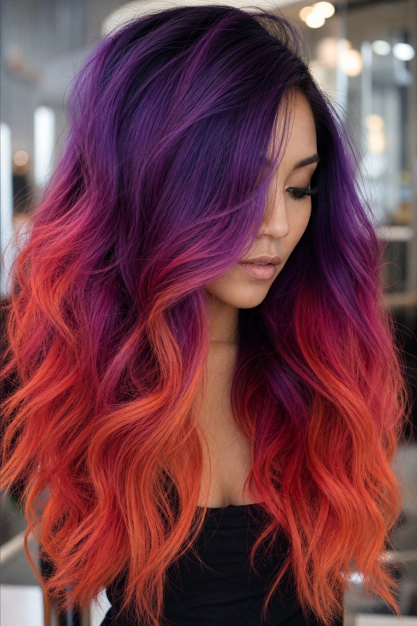 Close-up portrait of a woman with long, wavy hair transitioning from deep purple roots to bright orange tips.