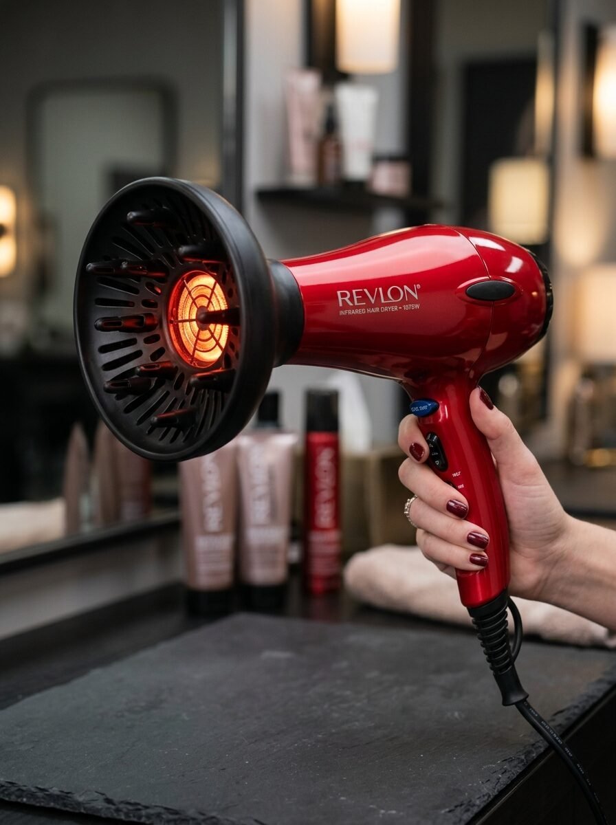 A woman's hand holding a red Revlon hair dryer with a black diffuser attachment and glowing heating element.
