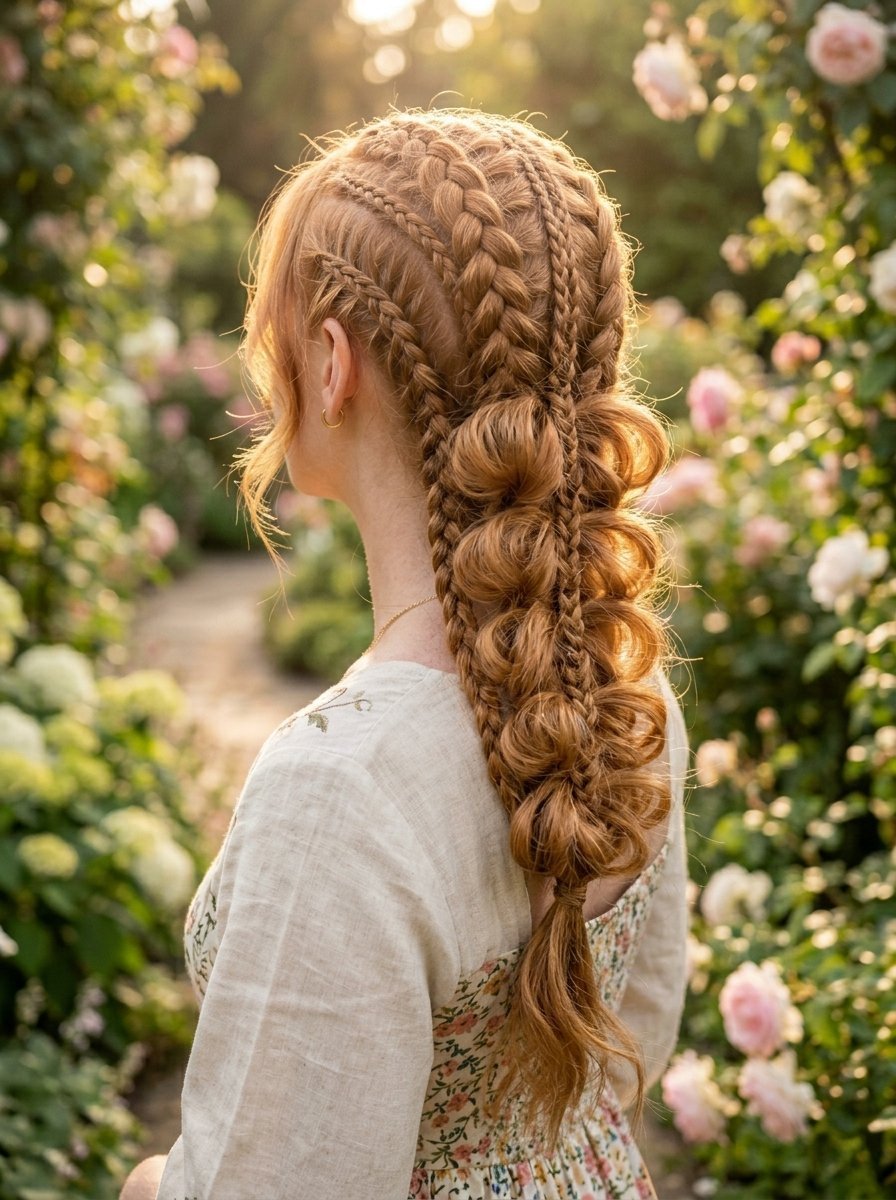 Back view of a redheaded woman wearing a detailed woven hairstyle with multiple braids among blooming pink roses.