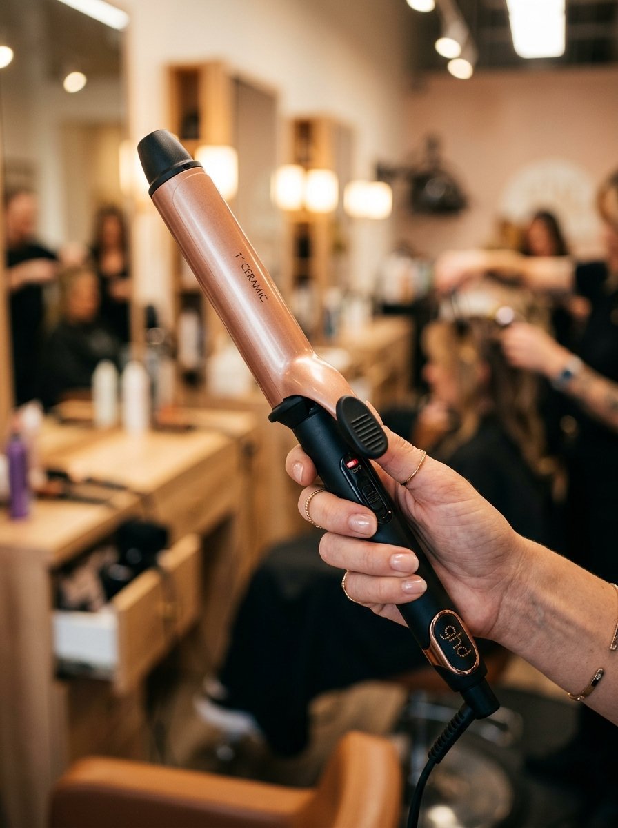 Close-up of a hand holding a rose gold ceramic curling iron in a hair salon setting.