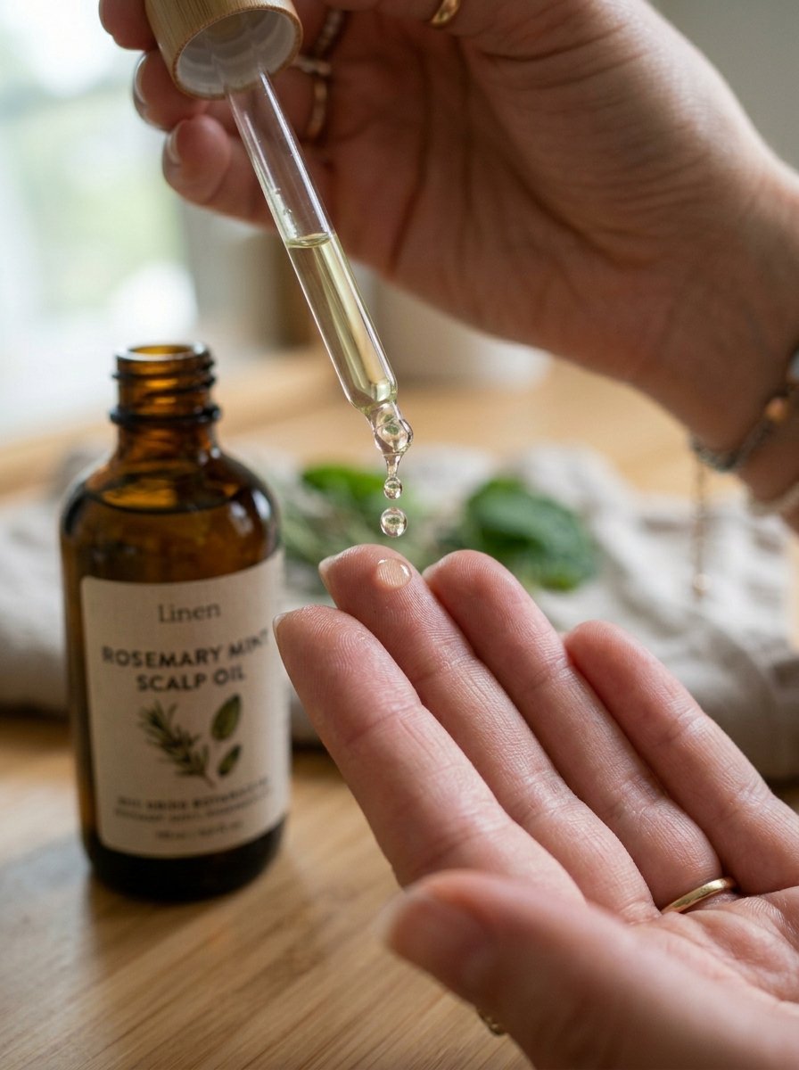 Close-up of a dropper applying essential oil onto an open hand with a glass bottle in the background.