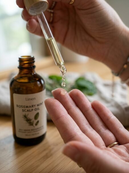 Close-up of a dropper dispensing essential scalp oil onto a hand with a glass bottle in the background.