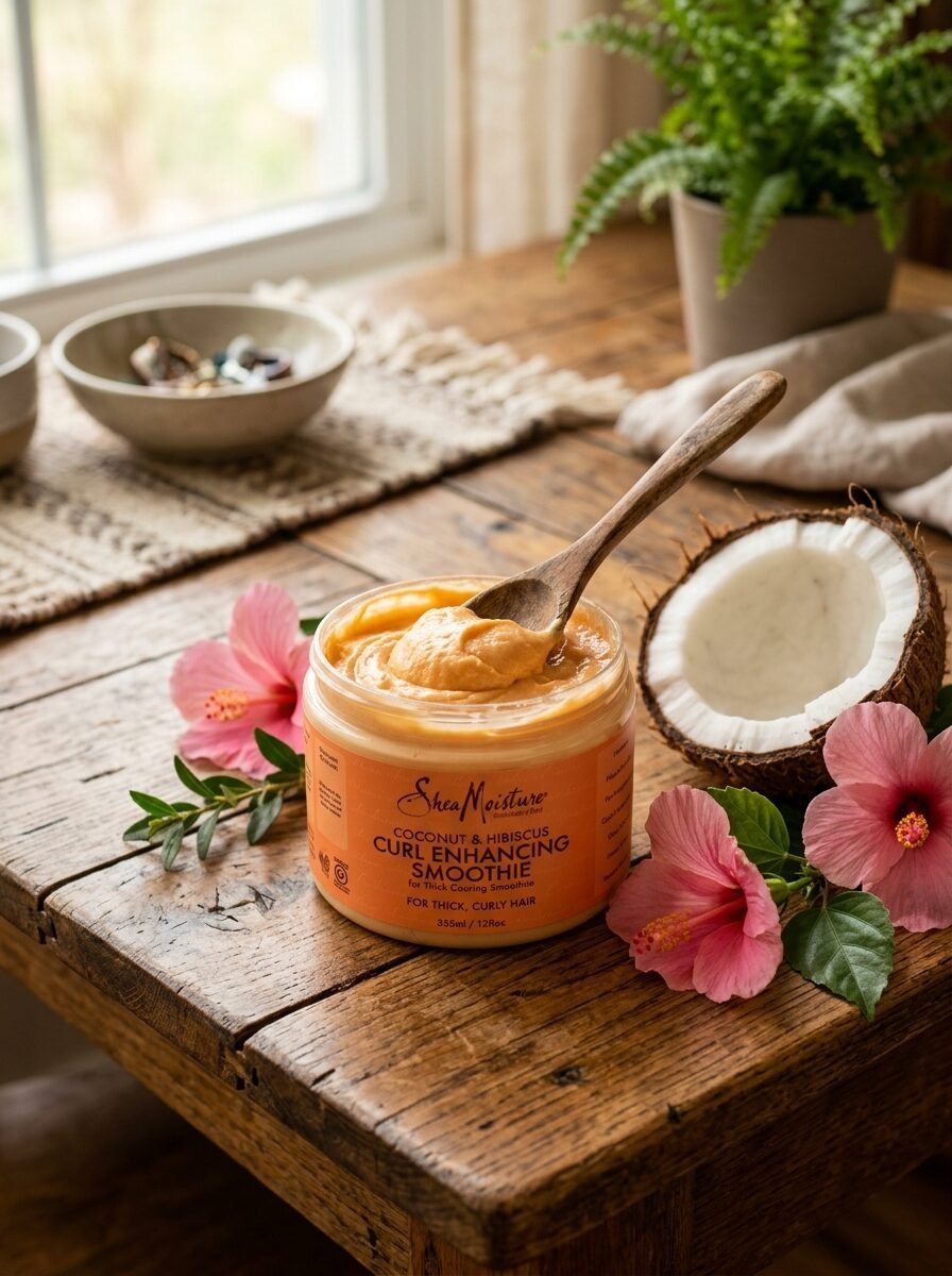 A jar of SheaMoisture hair product on a rustic wooden table with fresh coconut and pink hibiscus flowers.