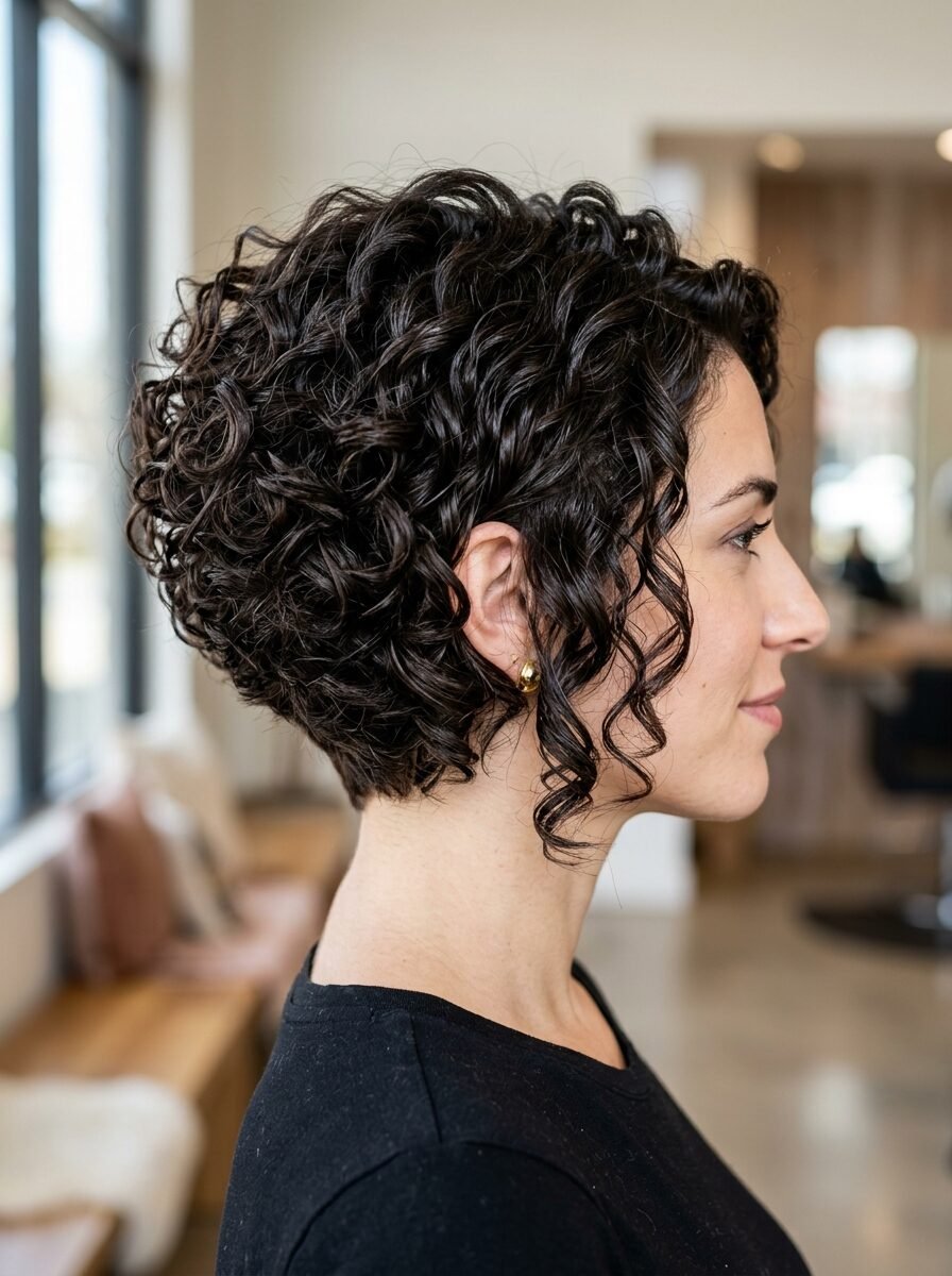 Close-up profile of a person with tight, dark brown curly hair styled into a short, voluminous bob haircut.