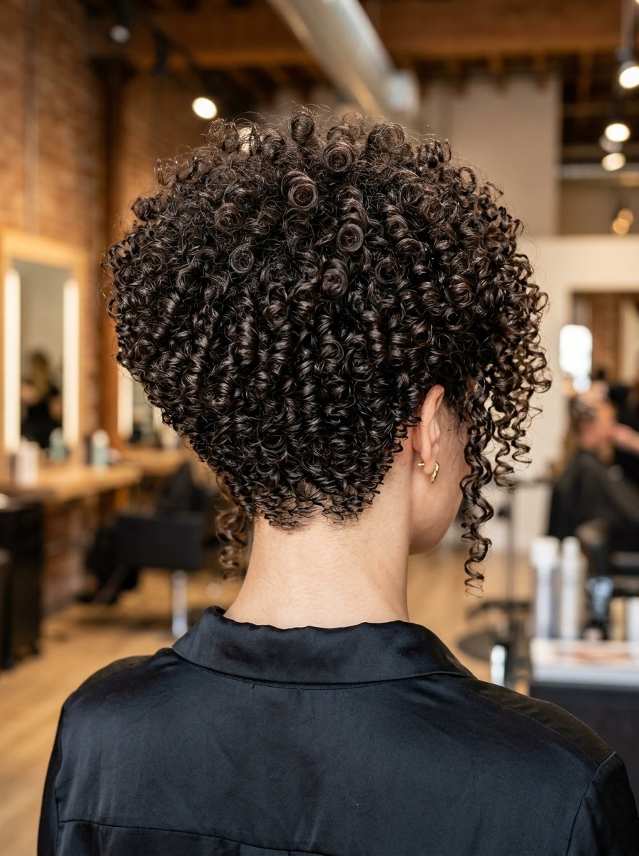 Back view of a person with dark, tightly coiled short curls and ringlets in a professional hair salon.