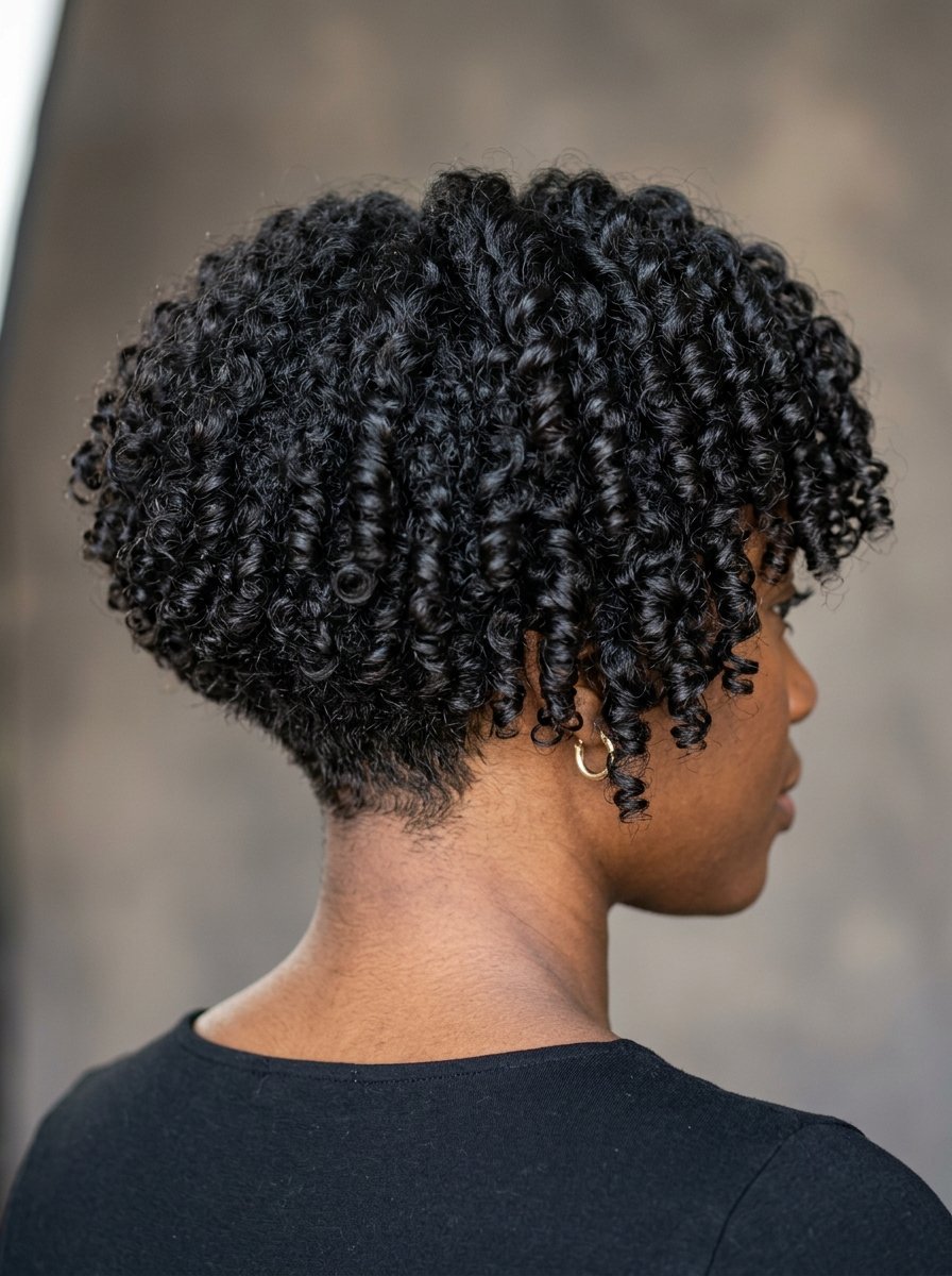 Close-up of a person with tight, dark curly hair styled in a tapered short cut against a neutral background.
