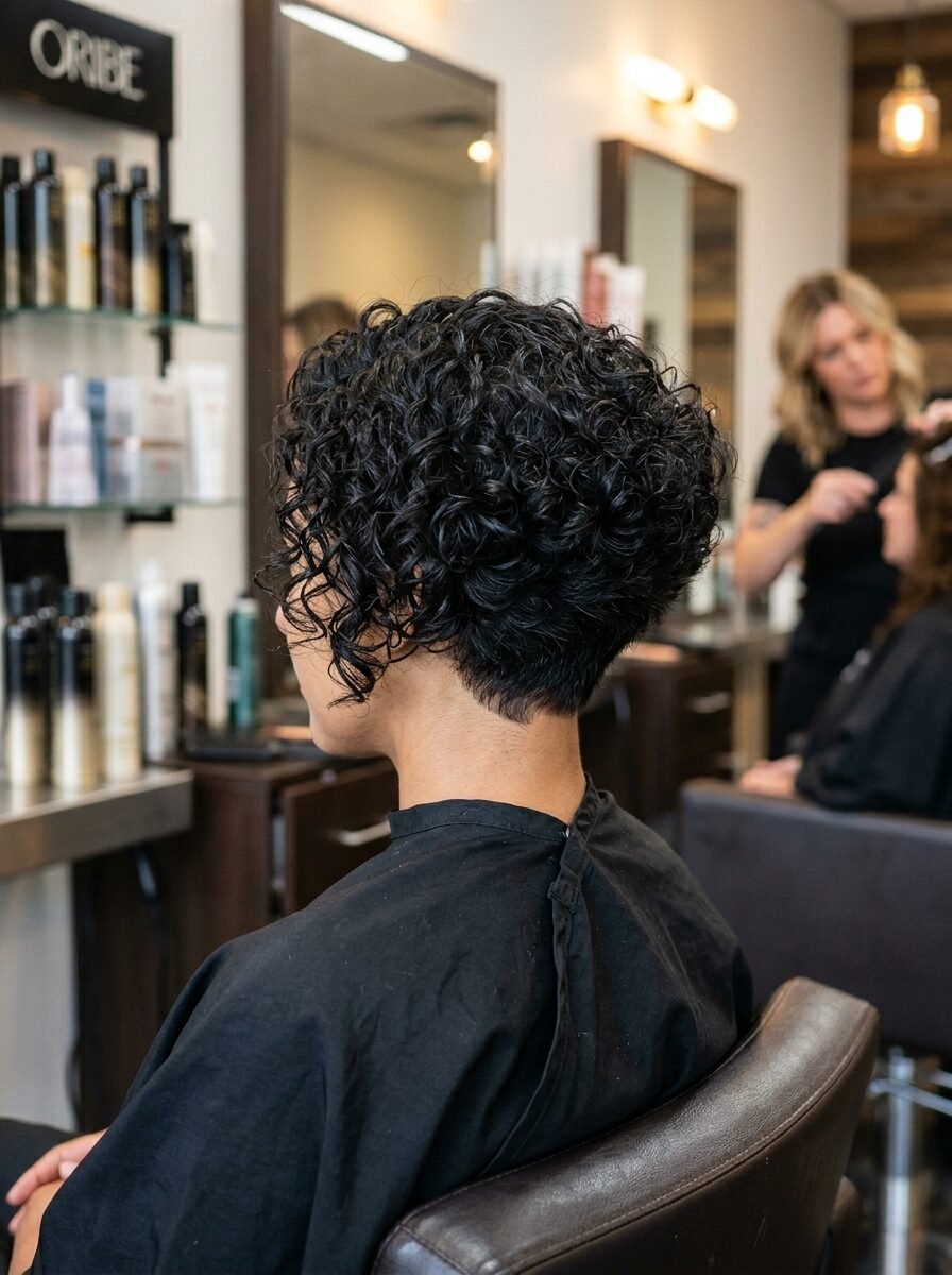 Back view of a client in a salon chair showcasing a short curly black hairstyle.