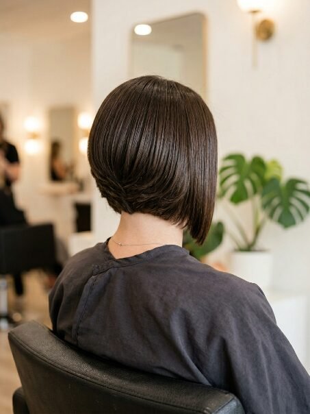 Close up of a woman with dark brown hair in a sharp, angled bob cut sitting in a salon chair.