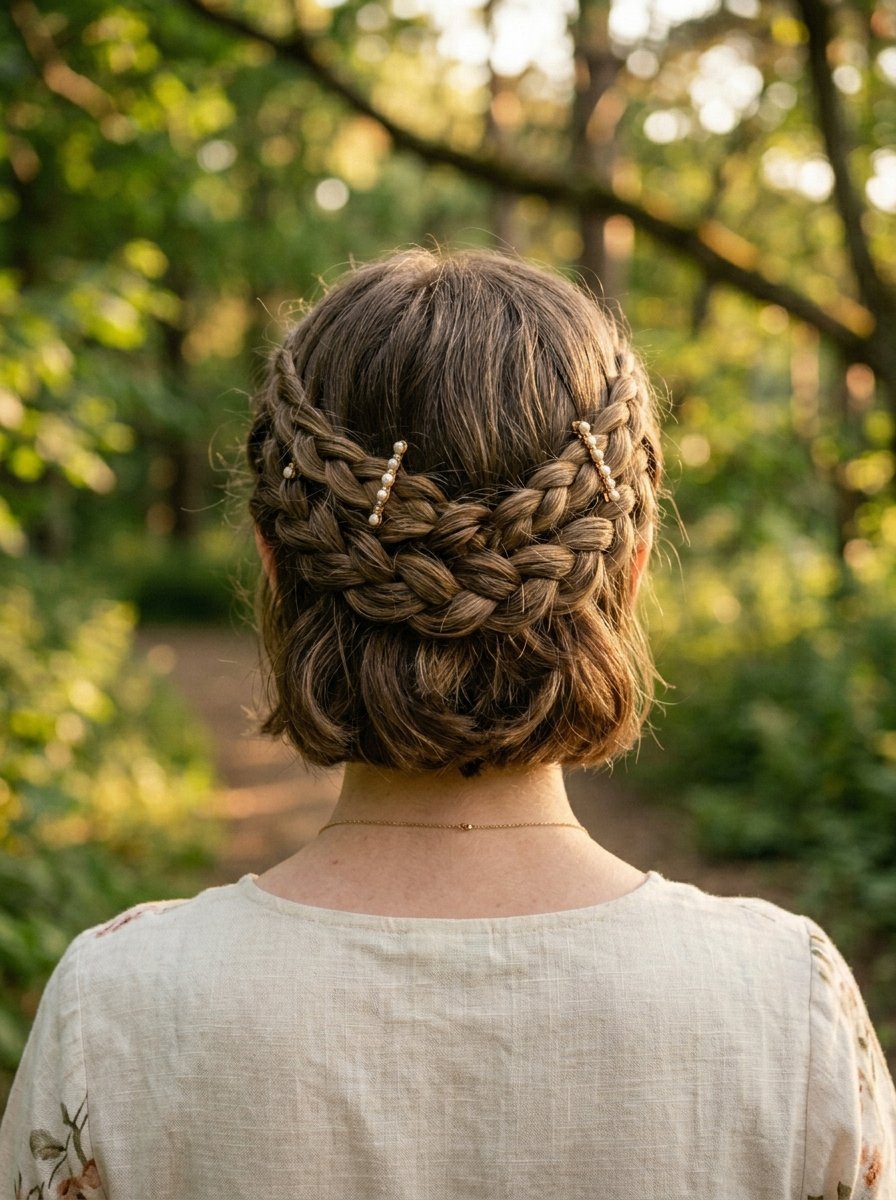 Back view of a woman featuring a braided half-up hairstyle adorned with small pearl hair clips in a sunlit forest.