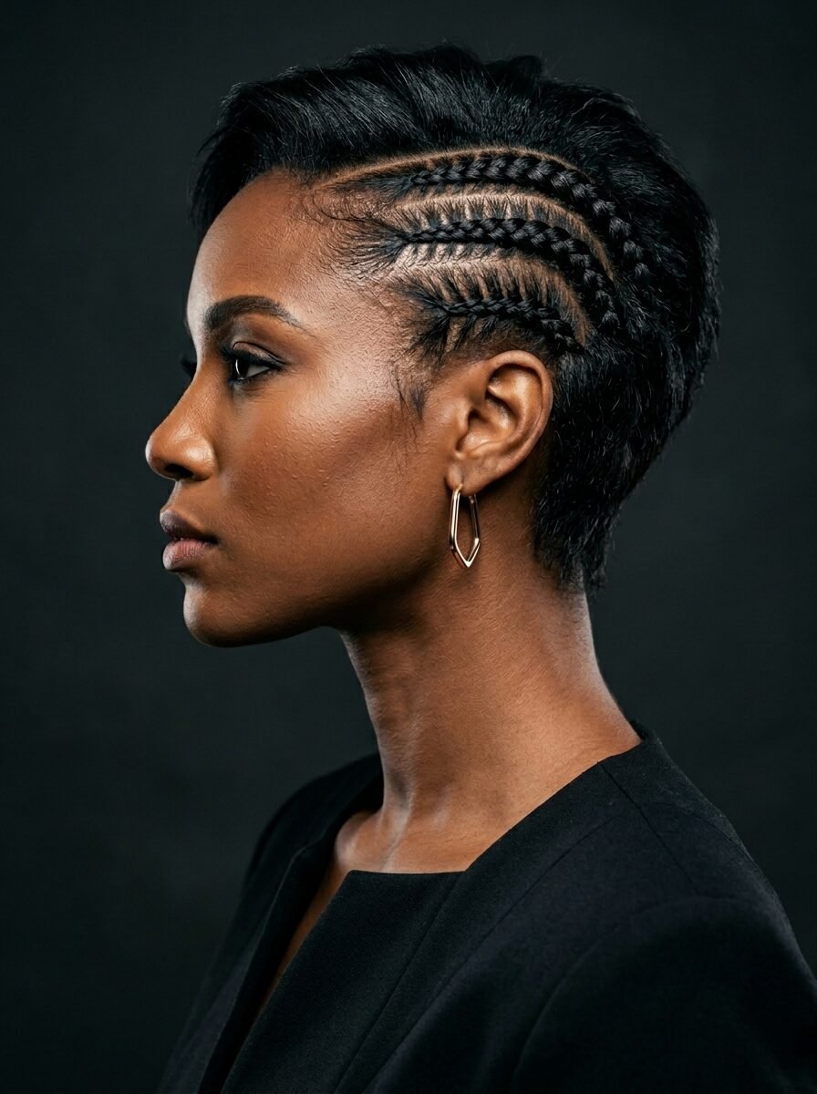 Portrait of a black woman with a short haircut featuring intricate cornrows on one side against a black background.