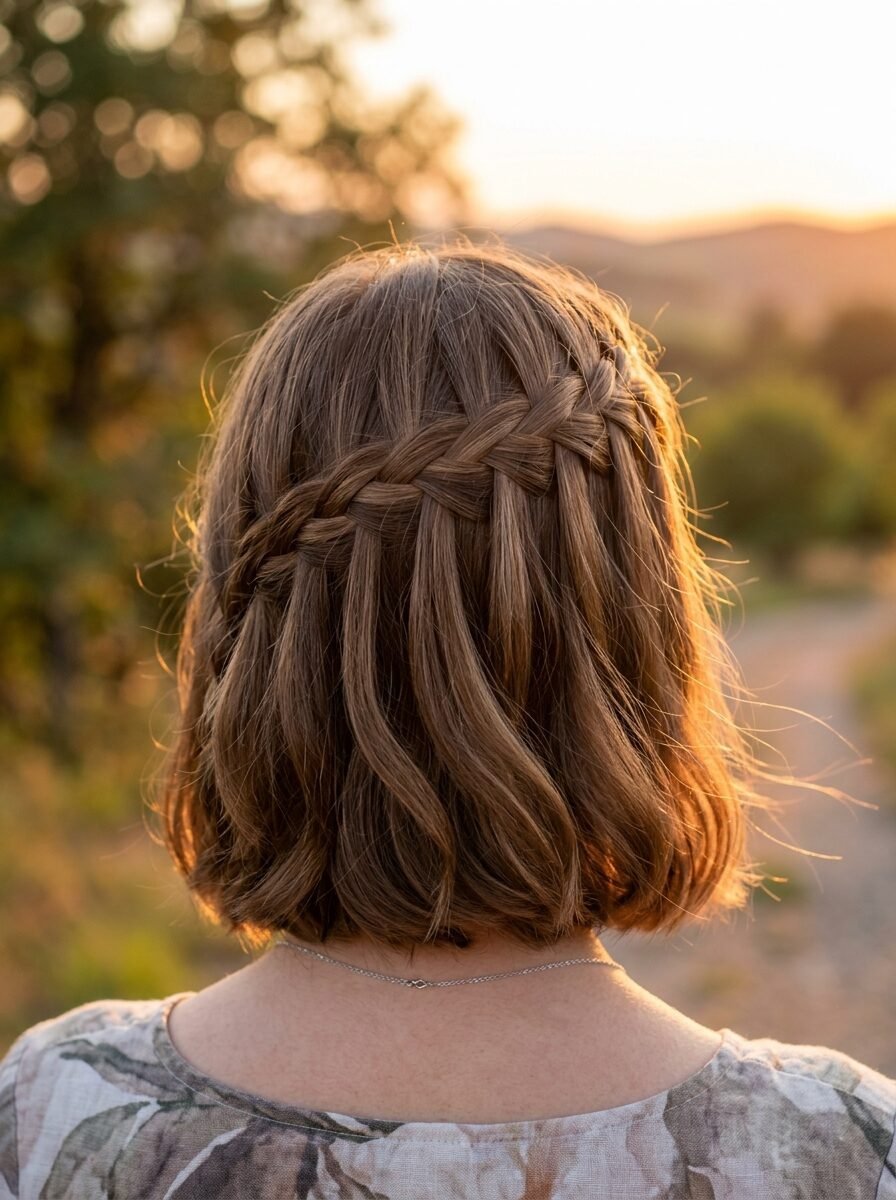 Rear view of a person with wavy shoulder length brown hair styled in a delicate waterfall braid at sunset.