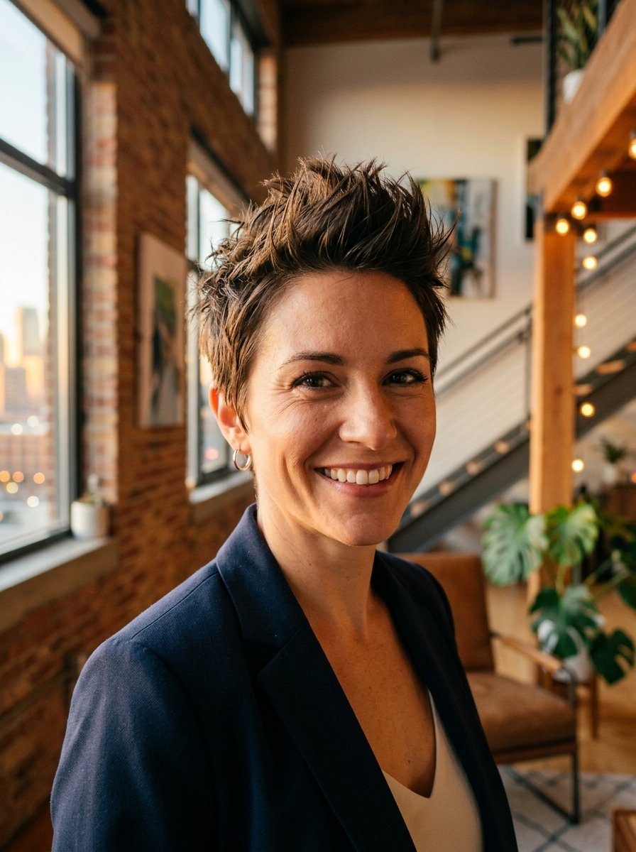 Portrait of a woman with short hair wearing a navy blazer in a sunlit urban office space.