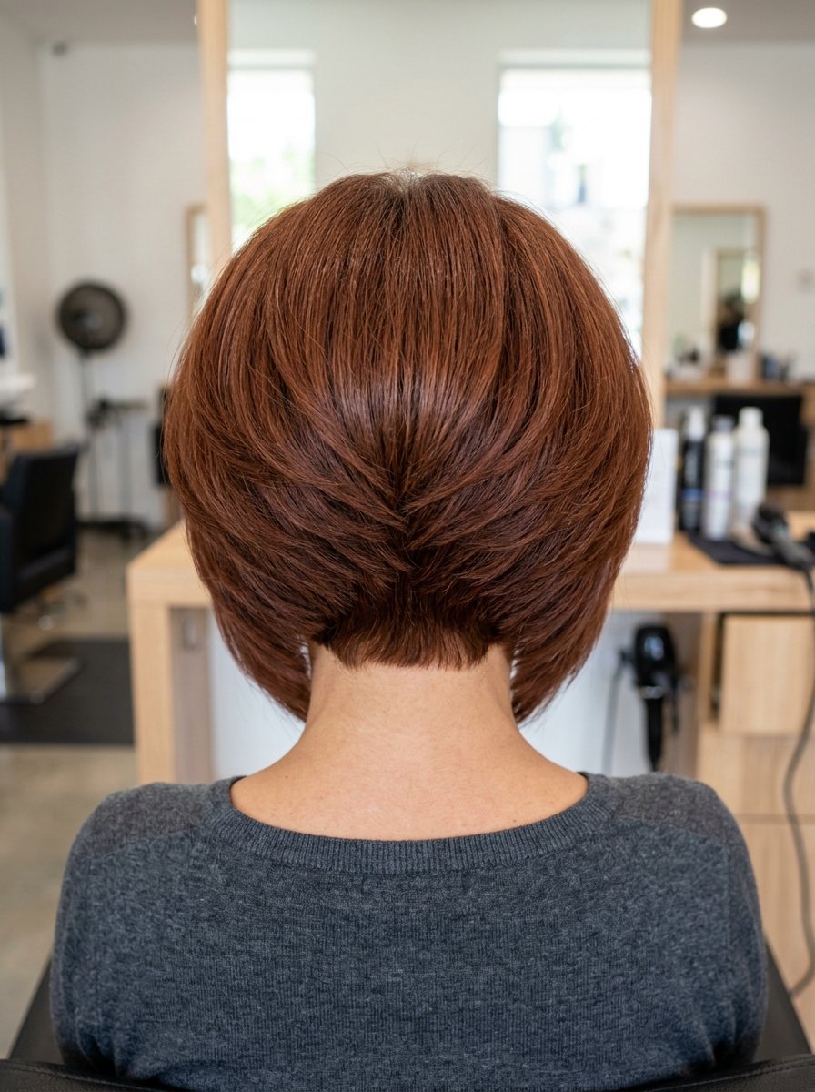Close up back view of a woman with a precision cut reddish brown layered bob hairstyle in a salon.