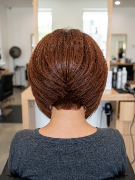 Back view of a woman with a short, precision-cut auburn stacked bob hairstyle in a salon.