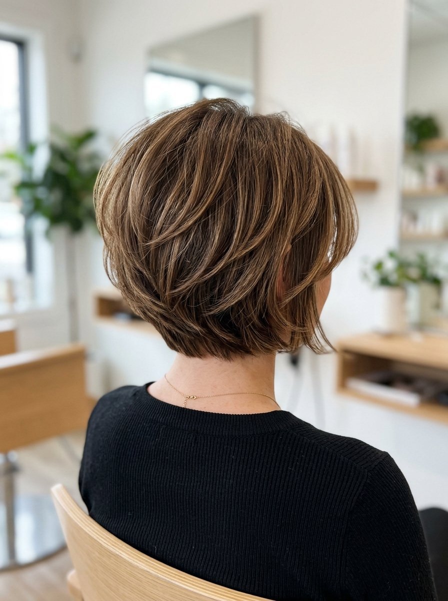 Back view of a woman with a textured short brown haircut sitting in a salon chair.