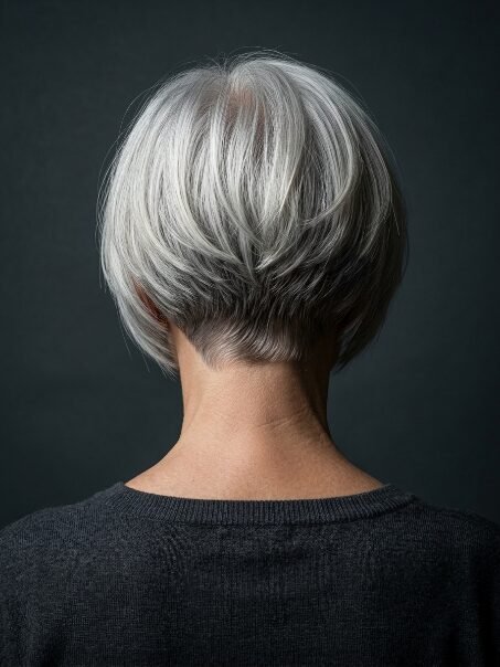 Back view of a woman with a tapered, layered silver-grey short bob hairstyle against a dark background.