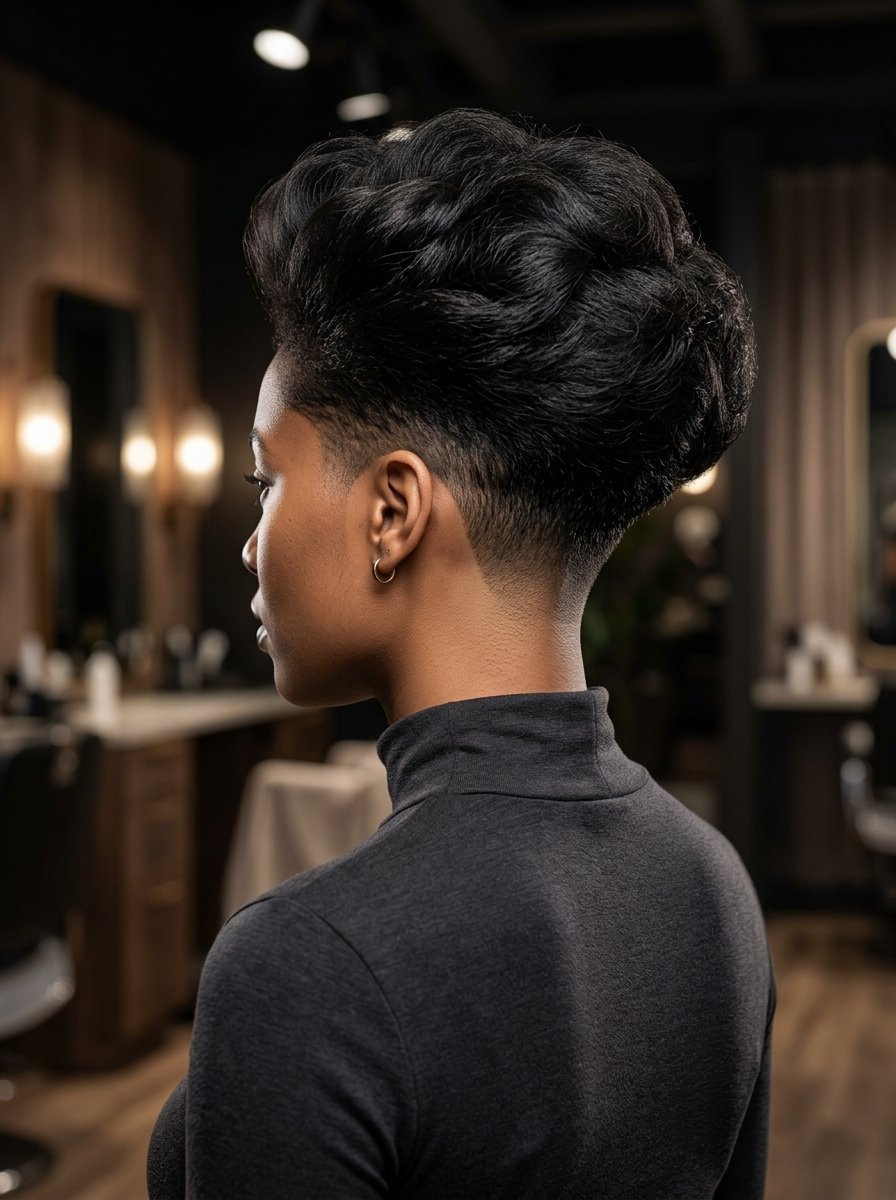 Woman with dark skin showing a chic short haircut with a sharp faded nape and voluminous textured top.
