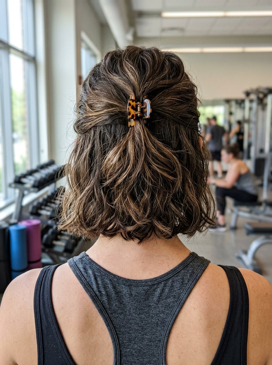 Back view of a woman with short, brown wavy hair styled with a small tortoiseshell hair claw in a gym setting.