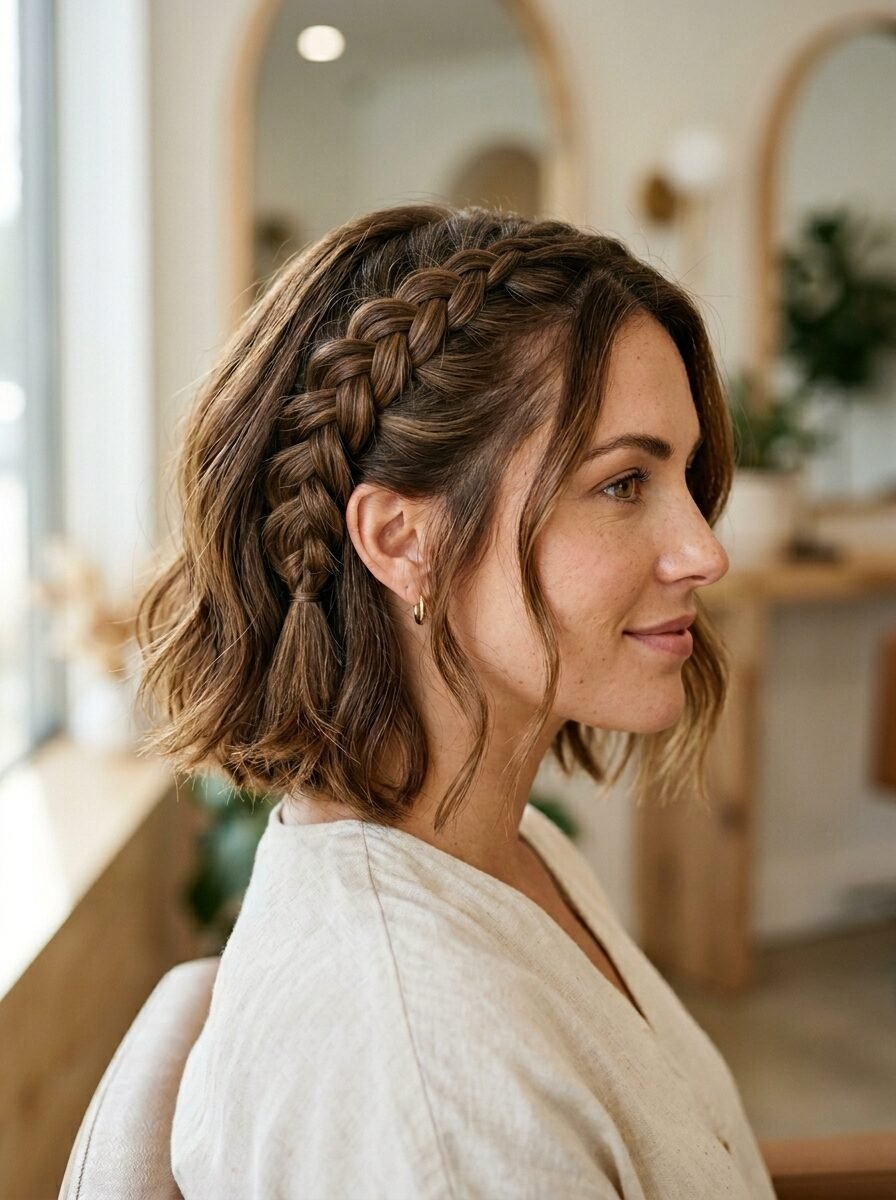 Profile view of a woman with a brown bob featuring a loose French braid along the side of her head.