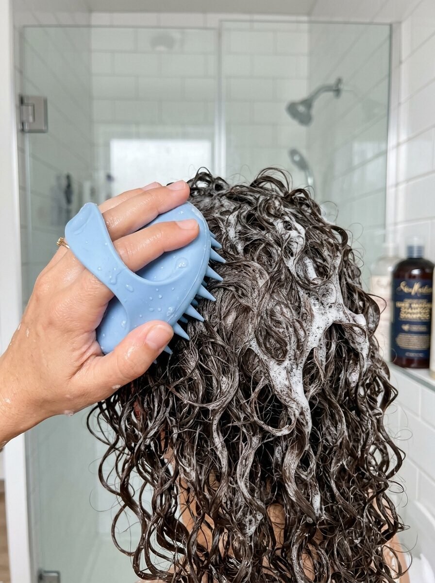 Person scrubbing foamy wet curly hair with a light blue silicone exfoliating shampoo brush in the shower.