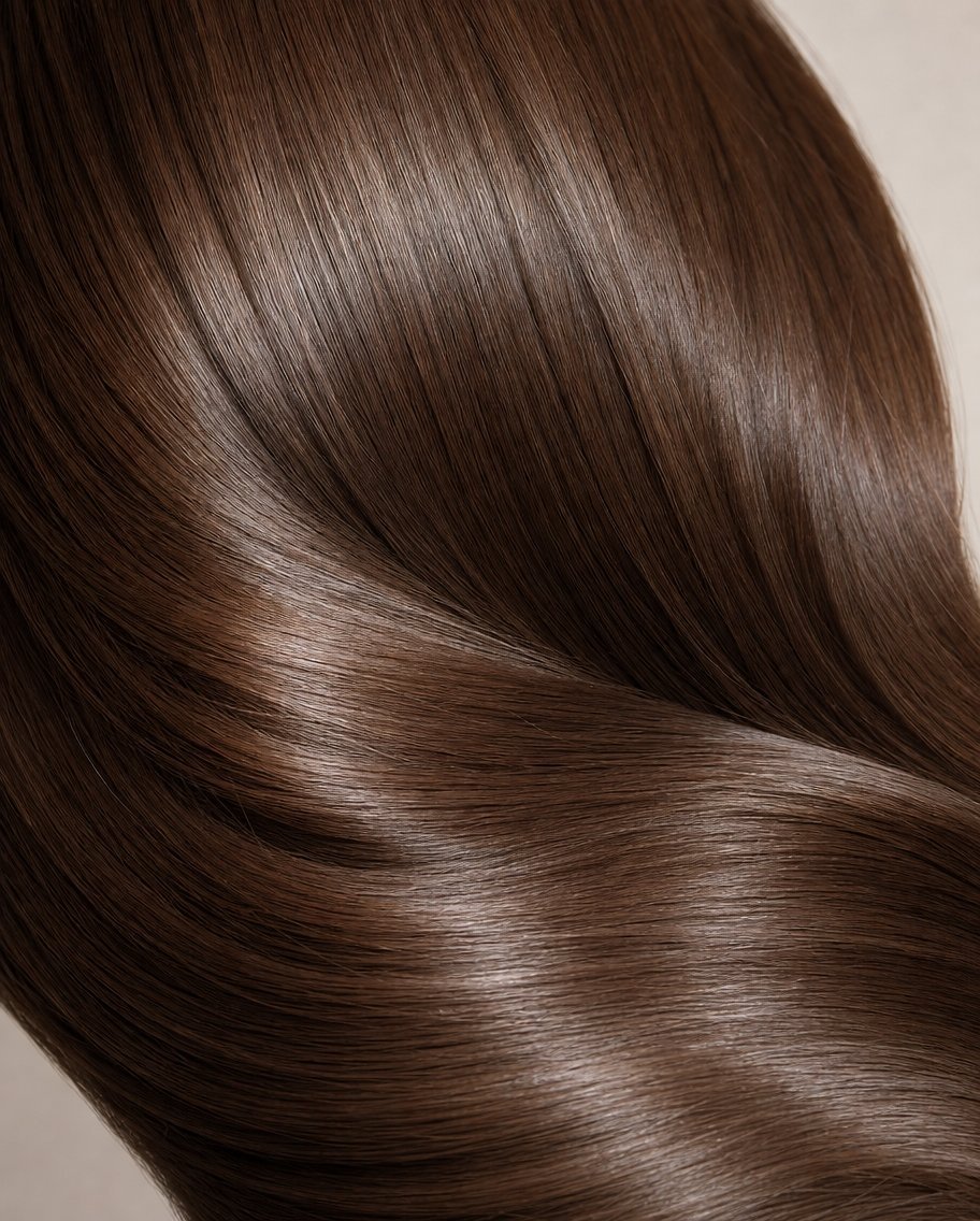Close up of straight and shiny brown hair with visible natural texture and light reflections.