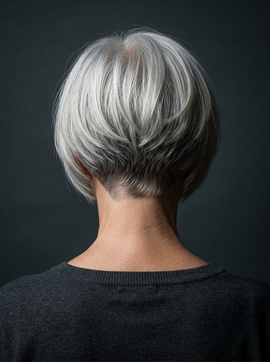 Close-up back view of a woman with short, layered silver-grey hair against a dark background.