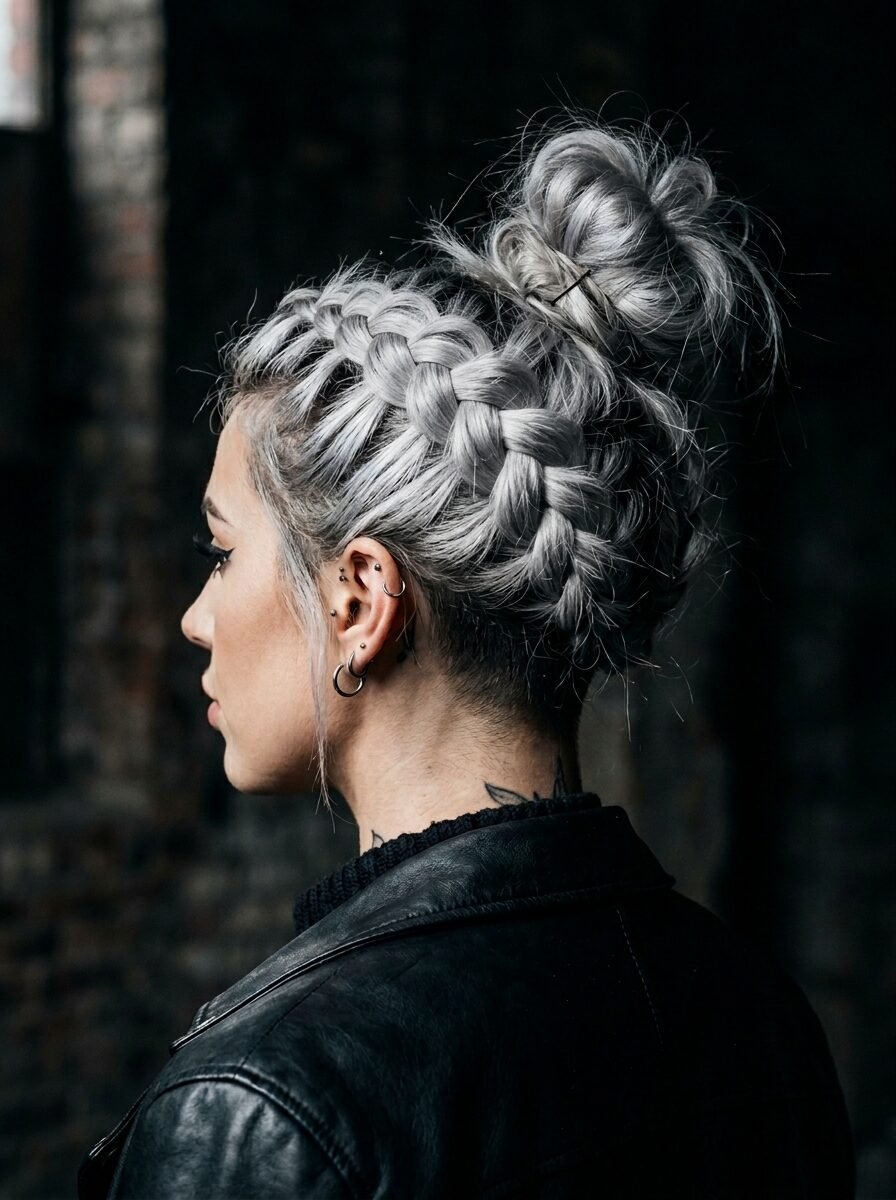 Side profile of a woman showing off an intricate crown braid hairstyle with a messy top knot bun.
