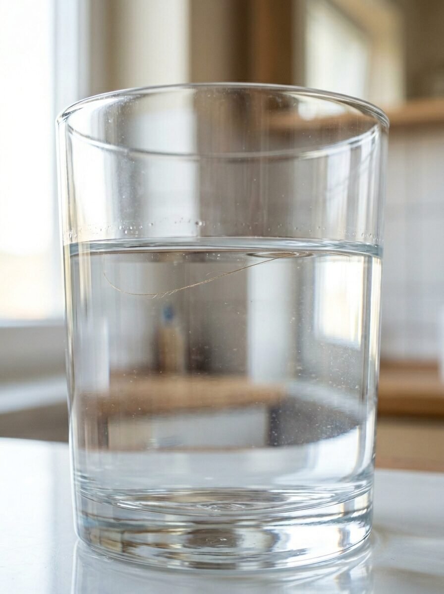 Close up of a glass filled with water containing a single long hair floating near the surface.