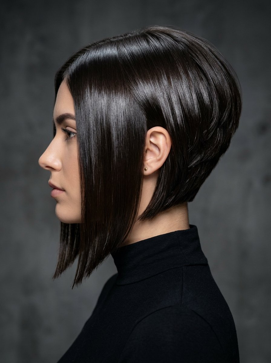 Close up profile shot of a woman featuring a smooth, dark, jaw-length asymmetrical haircut.