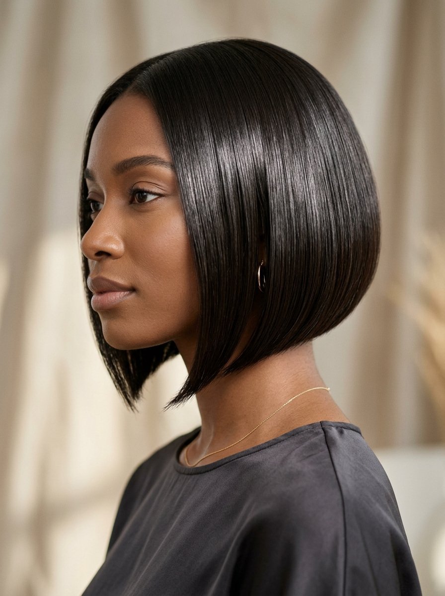 Profile view of a woman wearing a shiny, straight dark bob cut with a center part.