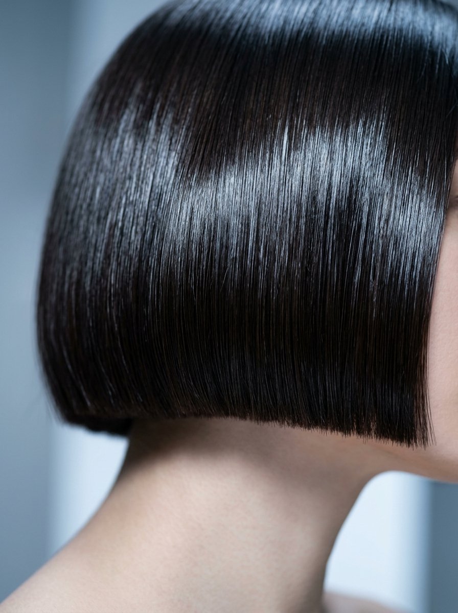 Side profile of a woman showing a blunt cut black bob with high-shine texture.