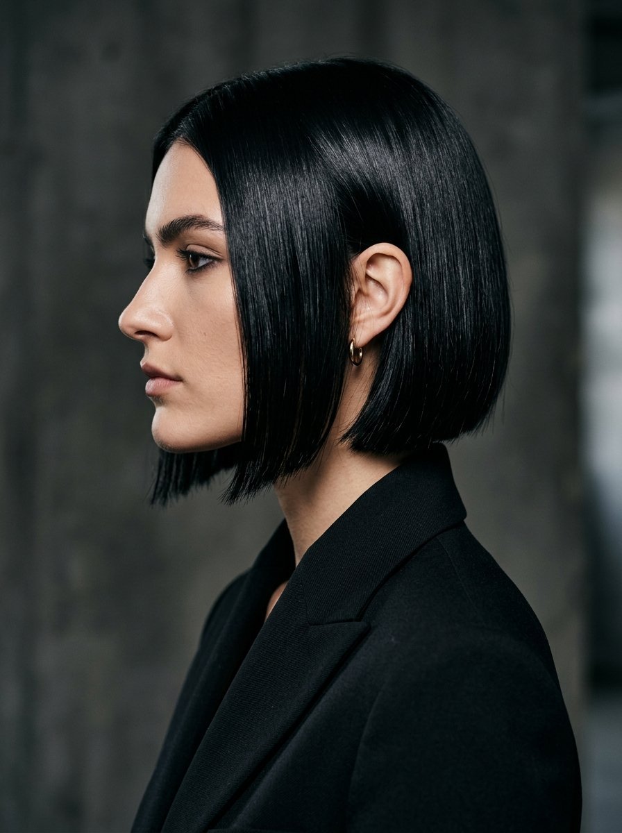 Side profile of a woman with chin-length straight black hair wearing a black blazer.