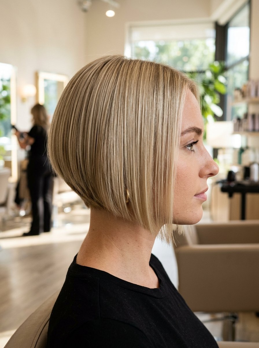 Woman sitting in a salon chair showcasing a short, precision-cut blonde bob hairstyle.