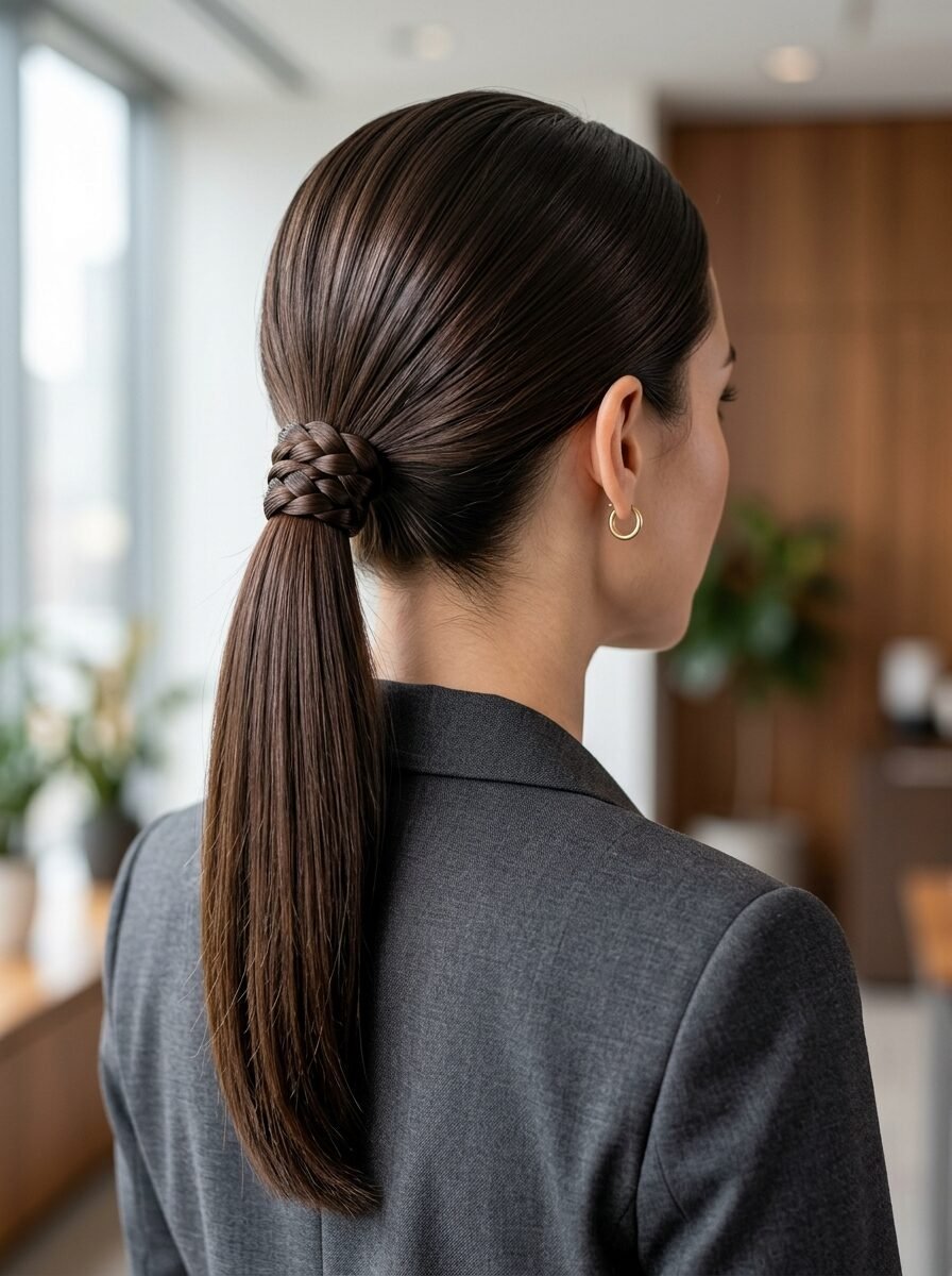 Back view of a woman with sleek dark brown hair styled in a low ponytail with a braided wrap in a professional setting.