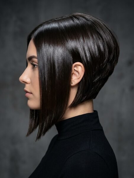 Side profile view of a woman featuring a polished, straight, layered bob hairstyle against a grey background.