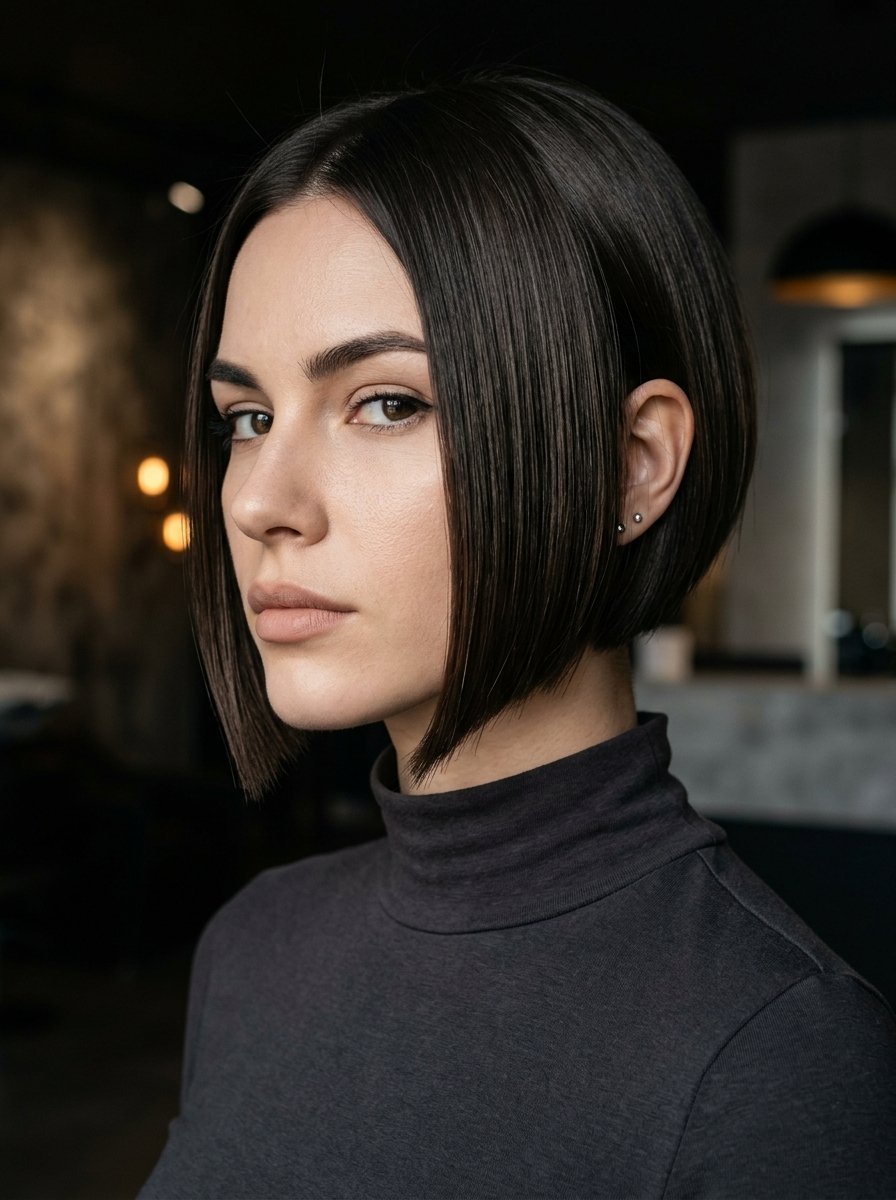 Portrait of a woman featuring a sharp, straight bob haircut and wearing a charcoal turtleneck sweater.