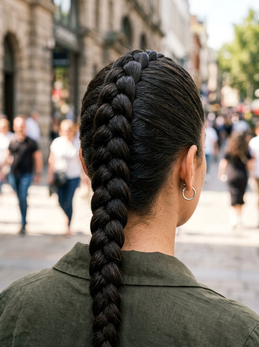 Back view of a person with dark hair styled in a neat center braid wearing a green collared top.