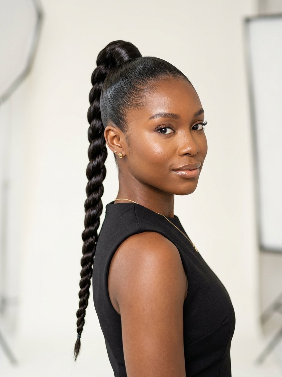 Close-up side view of a woman with dark skin wearing a long, thick rope-braid ponytail against a white background.