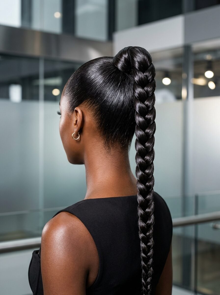 Close up rear view of a woman with long black hair styled into a tight high braid against a glass office background.