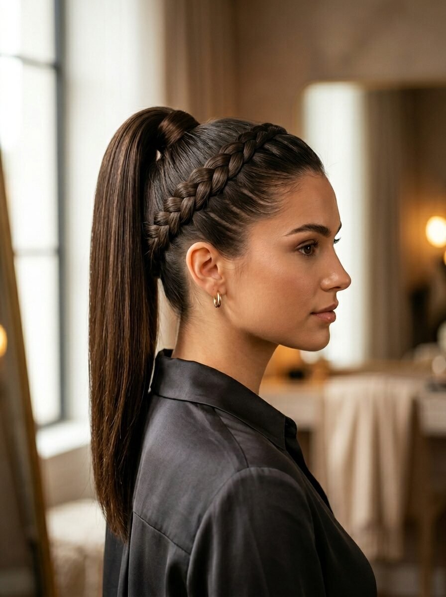 Side profile of a woman with dark brown hair styled in a sleek high ponytail and an intricate crown braid.