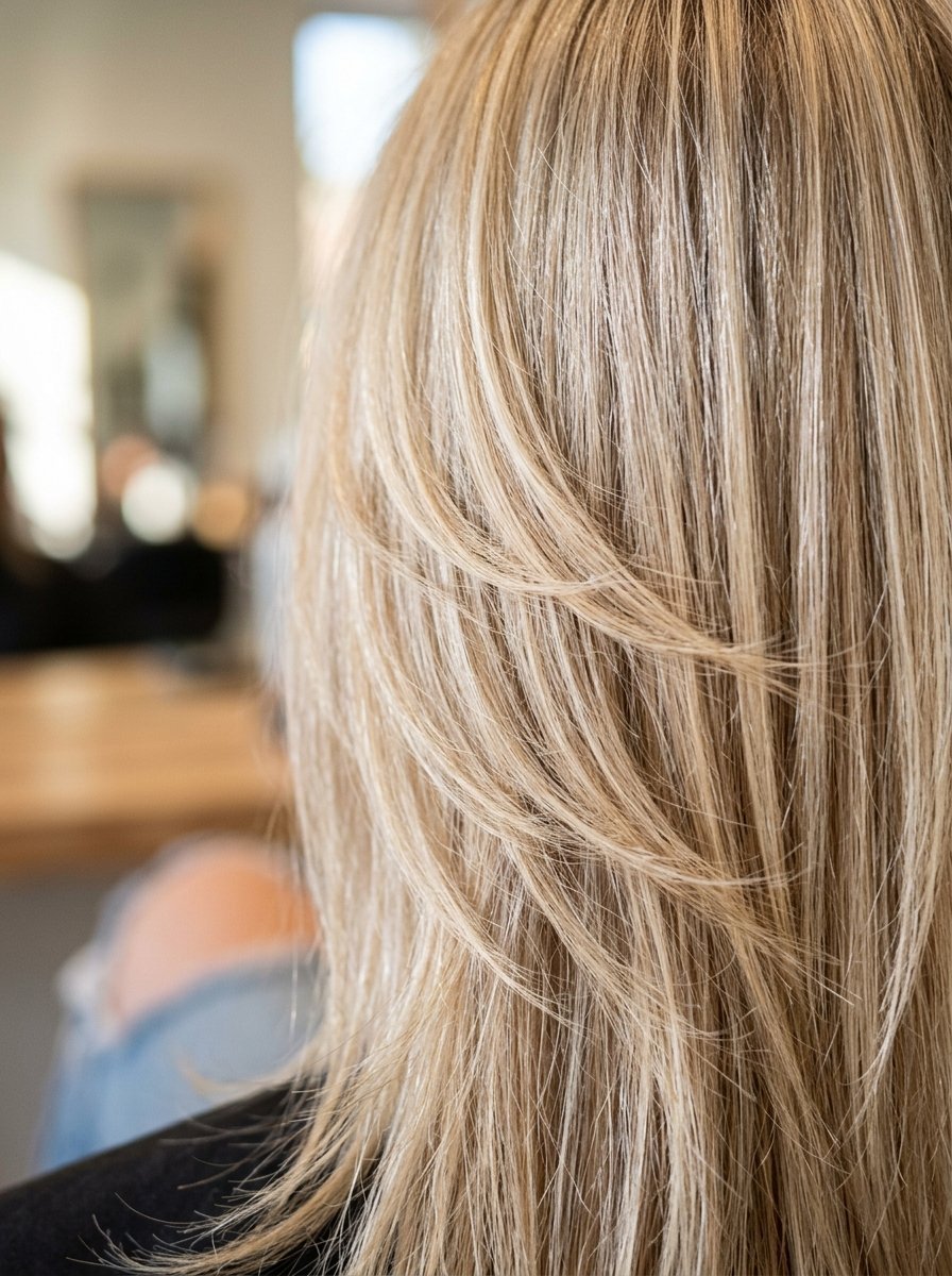 Back view of smooth, straight blonde hair with face-framing layers in a salon setting.