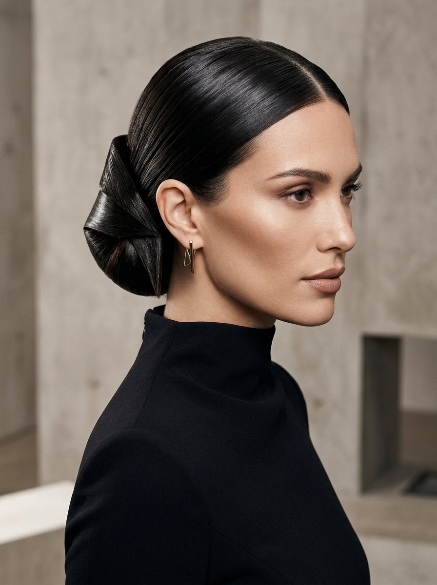 Profile view of a woman wearing a tight, slicked-back bun with a sculptural knot detail.