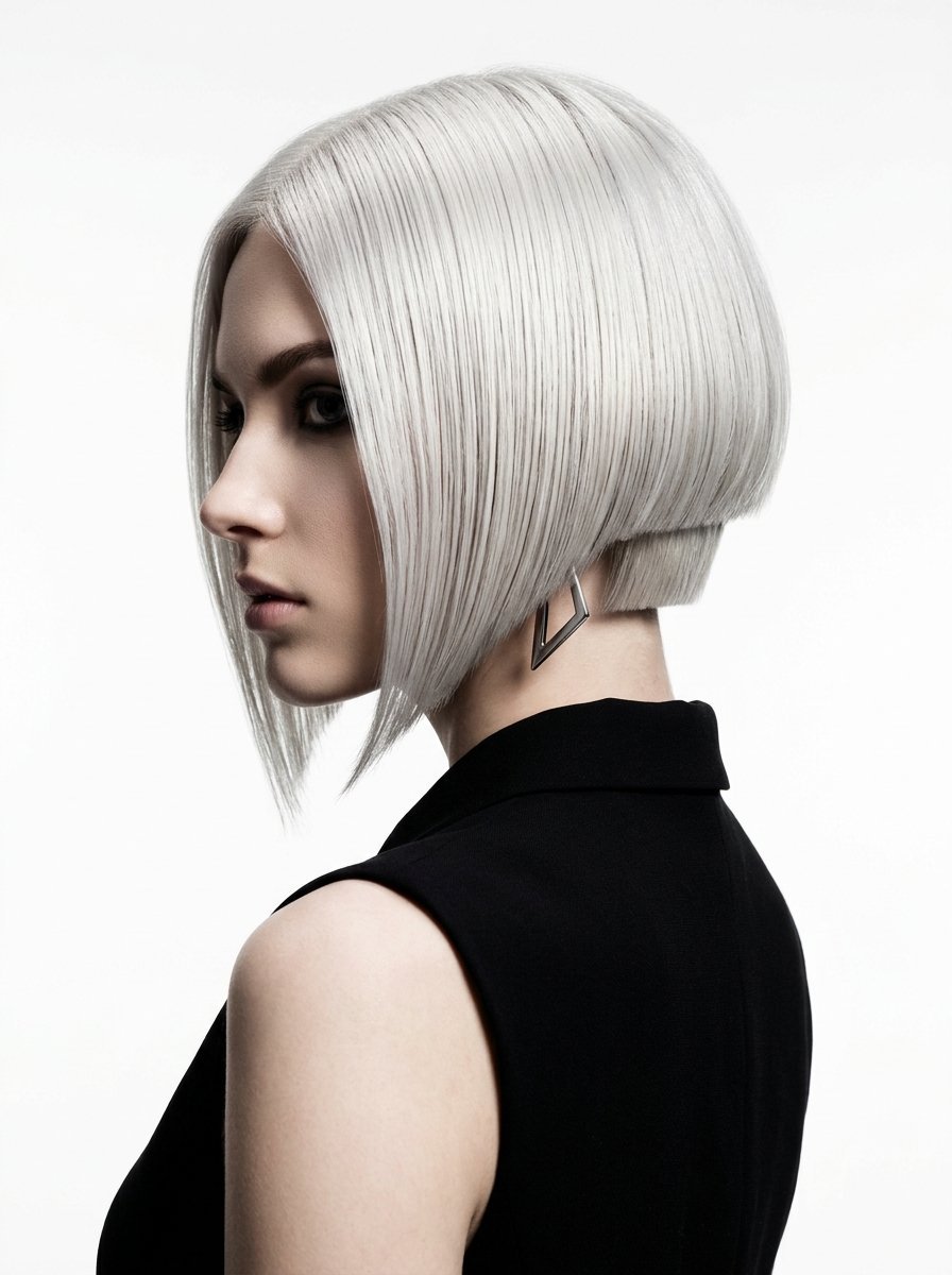 Profile view of a woman with short, straight, platinum hair styled in an asymmetrical bob cut.