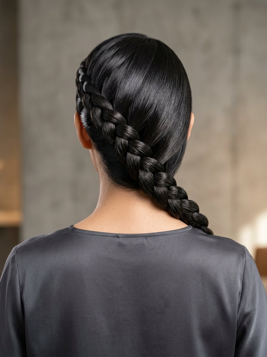 Back view of a person with dark straight hair styled into a neat side braid.