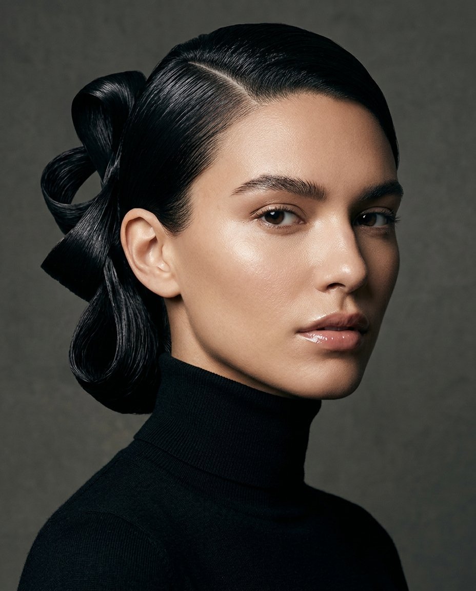 Portrait of a woman wearing a black turtleneck with her dark hair styled into an intricate, folded back bow.
