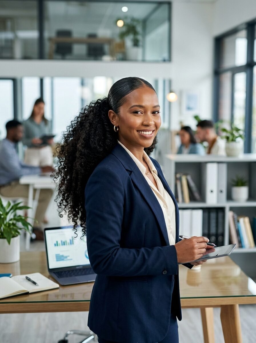 Confident female professional in a navy blazer standing at a desk with a laptop.