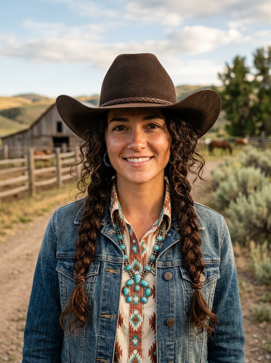 Portrait of a woman with braided hair and turquoise jewelry standing in front of a rustic farm barn.