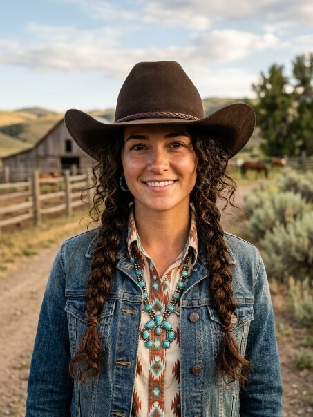 Portrait of a woman with braided hair wearing a felt hat, denim jacket, and turquoise squash blossom necklace.