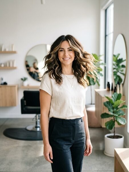 Woman with wavy highlighted hair smiling in a salon with round mirrors and potted plants.